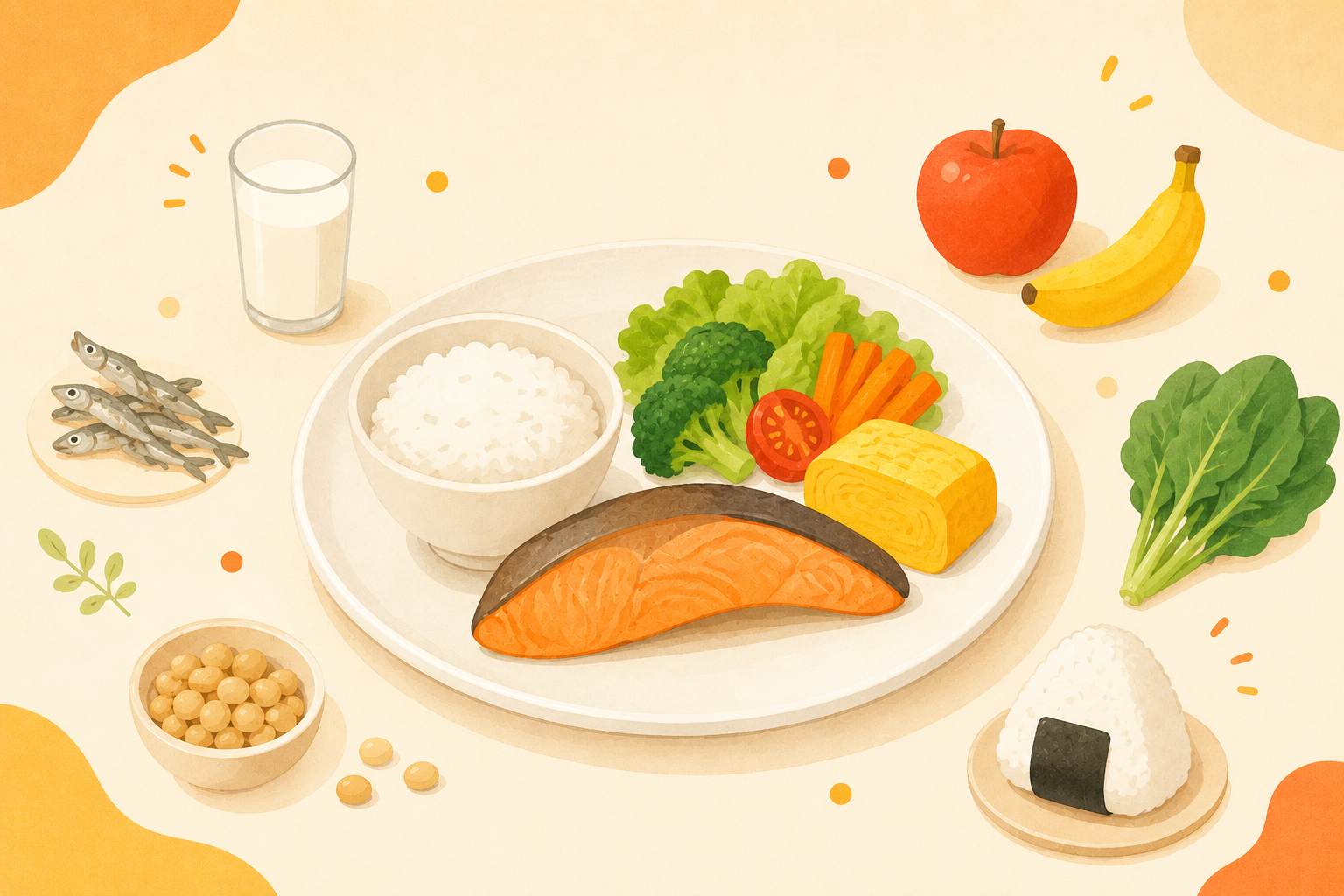 成長を支えるバランスのよい食事と食材のイメージ